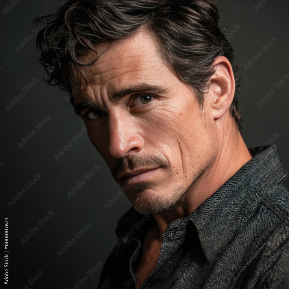 Fototapeta premium Intense Portrait of a Man in Denim Shirt with Dark Background