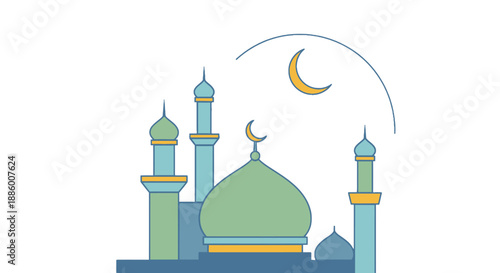 Islamic Mosque Illustration with Crescent Moon.