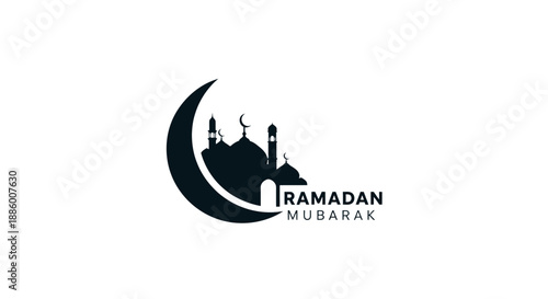 Ramadan Mubarak Islamic Greeting with Mosque and Crescent Moon.