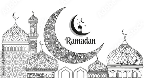 Ramadan crescent moon with mosque and stars illustration.
