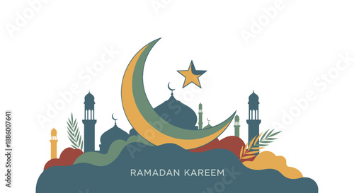 Ramadan Kareem Greeting with Mosque and Crescent Moon.