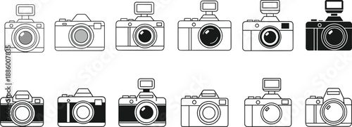 Camera icon collection with flash and lens variations, black and white outline and silhouette vector set for photography, apps and design projects