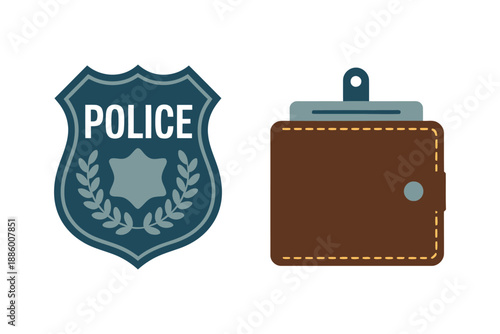 Police Badge and Brown Leather Wallet Illustration