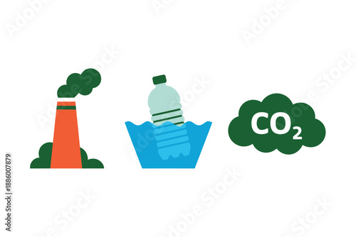 Environmental Impact Icons: Pollution, Plastic, CO2