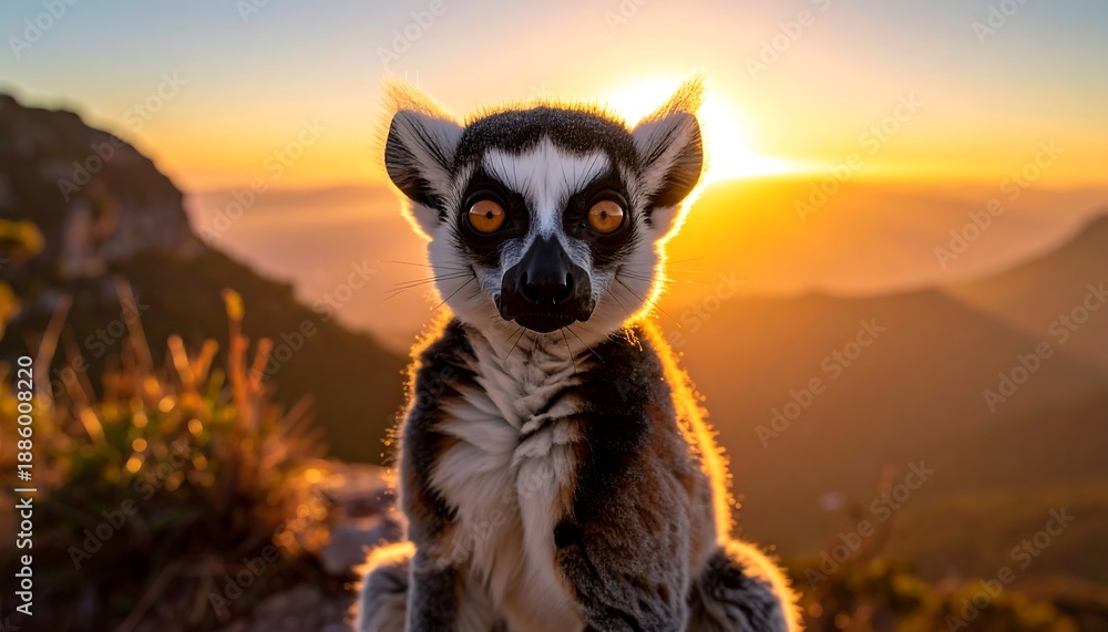 Fototapeta premium Ring-tailed lemur with striking eyes sits as the sun blazes behind it. Warm light adds to the scene's charm