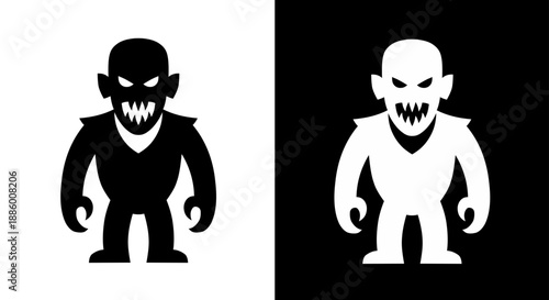 Minimalist design of an angry fantasy monster icon, showcasing a scary creature with sharp fangs in a high-contrast black and white graphic for diverse design projects