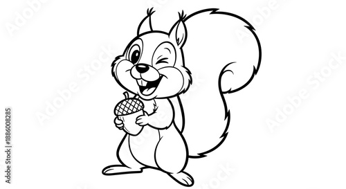 Cute cartoon squirrel holding an acorn with a wink.