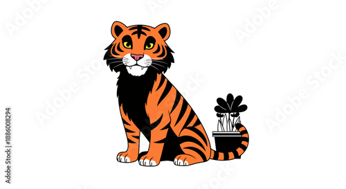 Cute cartoon tiger sitting with a potted plant tail.