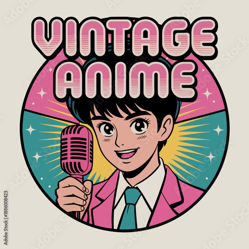 Vintage Anime idol singer with microphone, retro manga character inside circular badge, colorful pop culture illustration vector for posters and merchandise