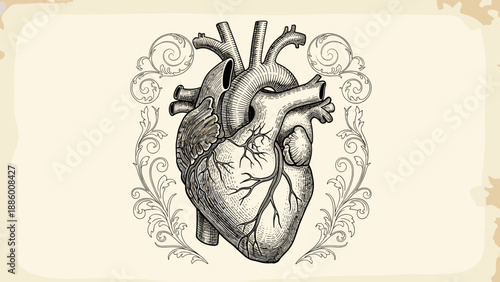 Detailed anatomical illustration of a human heart artistic medical drawing.