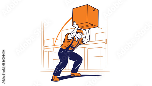 Delivery worker struggling to carry a heavy cardboard box overhead.