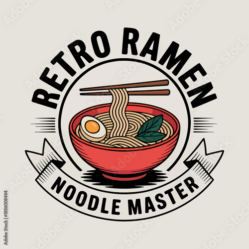 Retro Ramen circular seal with noodles lifting from red bowl, flavorful Japanese street‑food emblem vector for packaging, signage and culinary promotions