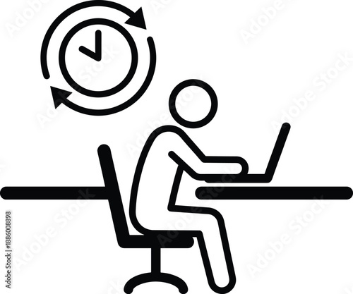 Office worker using laptop with time management clock symbol productivity schedule concept minimal black vector illustration isolated white background