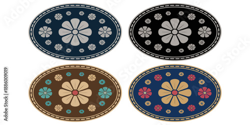 Floral label belt buckle vector design featuring cowgirl style tag, stylized flower silhouette, rhinestones and jewel details, perfect for western rodeo fashion, accessories, branding, and decorative 