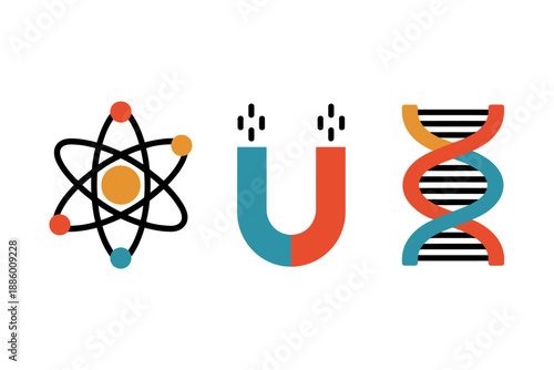 Colorful illustrations of atom, magnet, and DNA double helix on white background