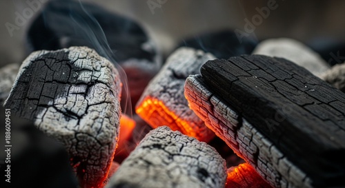 Burning charcoal pieces with smoke and subtle orange glow, highlighting the texture of burnt wood