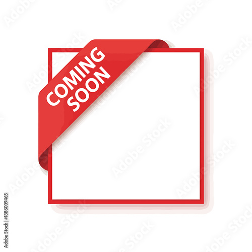 Red coming soon announcement banner with folded corner effect