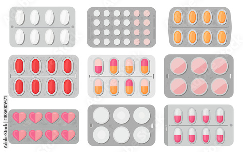 Set of various colorful pill and capsule shapes in different arrangements