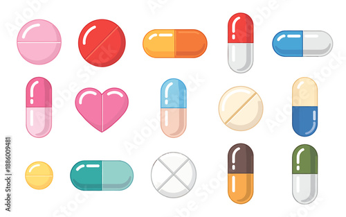 Collection of colorful pills capsules and medical icons isolated on transparent background