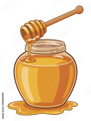 Golden honey dripping from wooden dipper into glass jar