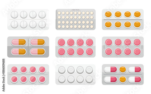 Set of various colorful circular and oval shaped pills and capsules isolated