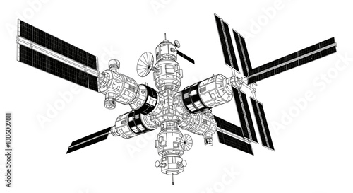 Detailed Blueprint of a Futuristic Space Station with Solar Panels.