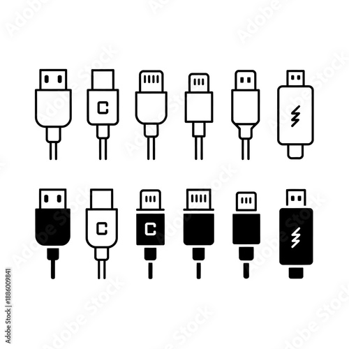 Set of various USB flash drive icons isolated on transparent background