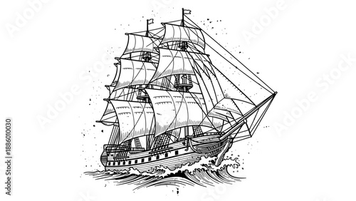 Detailed illustration of a majestic sailing ship navigating the ocean waves.