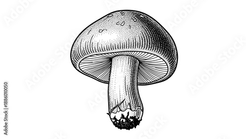 Detailed illustration of a mushroom showcasing its cap stem and gills in a monochrome style.