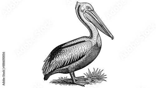 Detailed illustration of a pelican standing gracefully on the ground showcasing its features.