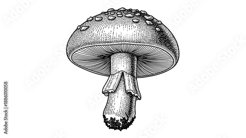Detailed illustration of a mushroom with a textured cap and stem isolated.