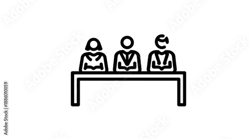 Panel line icon with three professional people at a table. Outline illustration for business meeting, jury, interview, or discussion.