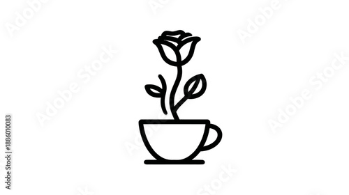 Minimalist Line Art Icon of a Rose Flower Growing in a Teacup. Botanical and Beverage Concept Symbol.