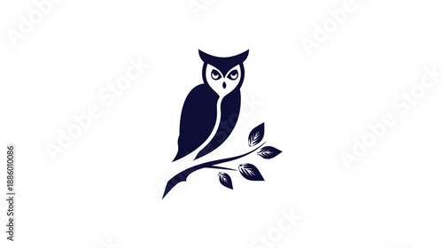 Minimalist dark blue owl icon perched on a branch with leaves. Elegant stylized nocturnal bird symbol, representing wisdom and knowledge.
