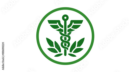 Green Caduceus medical symbol with laurel leaves in a circular icon illustration. Health, pharmacy, wellness, and natural healing concept.
