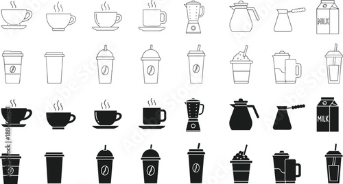 Coffee and tea drink line and solid icons set with cups mugs makers and takeaway beverages, black and white vector collection for cafe design