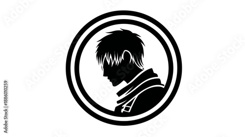 Stylized black silhouette profile of a young man with spiky hair looking down, enclosed in a double-ringed circle. Graphic vector design element.