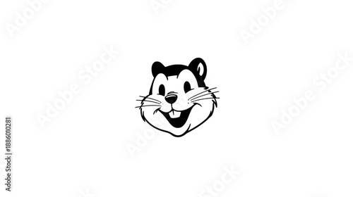 Smiling cartoon rodent head illustration. Happy squirrel or chipmunk character in black and white vector art, mascot design.