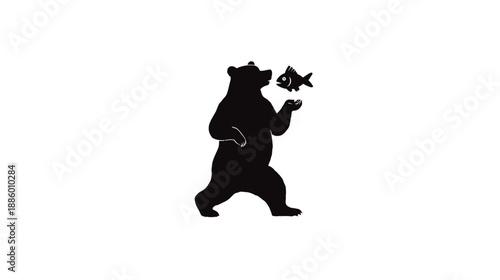 Black bear silhouette standing and holding a fish. Wild animal graphic illustration on a clean white background.