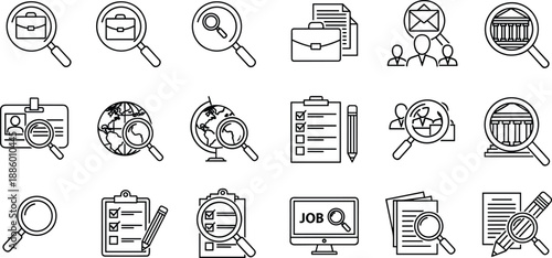 Job search and recruitment line icons set with resume interview and hiring symbols, black and white outline vector collection for HR, career and business design