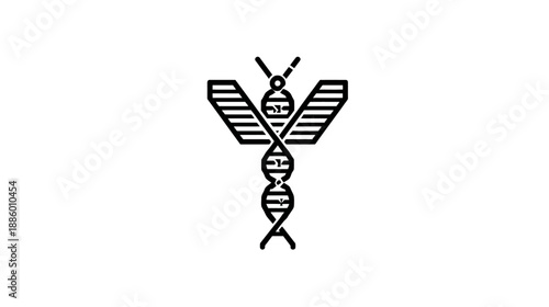 Abstract Genetic Bee Illustration with DNA Helix Body. Stylized insect and biology concept in black and white line art.