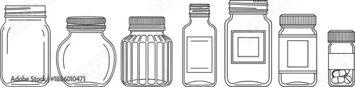 Medicine bottle and jar line icons set with pharmaceutical containers, black and white outline vector collection for healthcare, pharmacy and packaging design