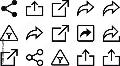Minimal interface action icons set including share upload export redirect filter arrows modern outline vector design isolated white background style