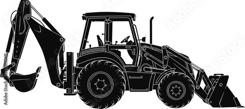 Backhoe loader construction vehicle illustration, heavy machinery equipment vector silhouette isolated on white background for industrial engineering design