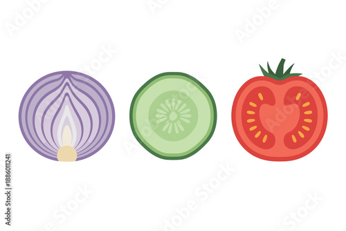 Colorful illustration of sliced onion, cucumber, and tomato vegetables on white background
