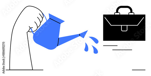 Business growth, investment, financial strategy, career development, innovation, opportunity. A hand holds a watering can pouring water onto a briefcase. Business growth and investment concept