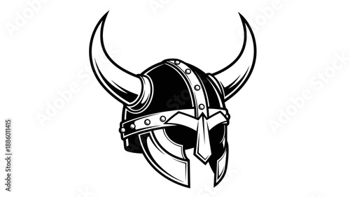Detailed illustration of a Viking helmet with large curved horns black and white design.