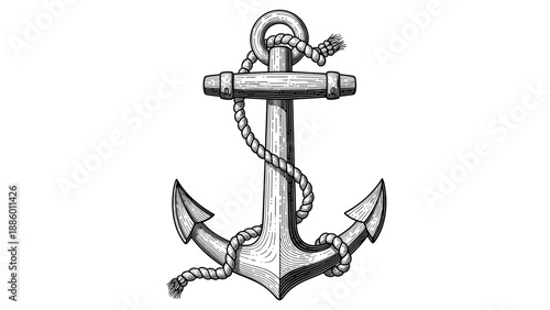 Detailed illustration of an anchor with rope perfect for nautical themes.