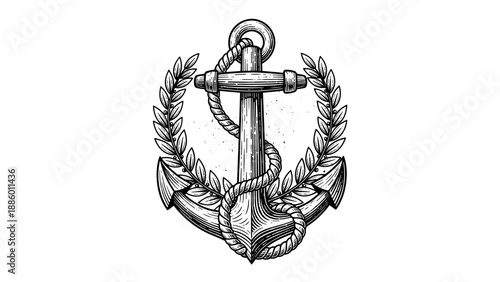 Detailed illustration of an anchor surrounded by a laurel wreath nautical design.