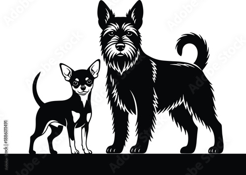 Black and white dog illustration featuring small and large dogs together, pet companionship concept, animal silhouette art, vector design